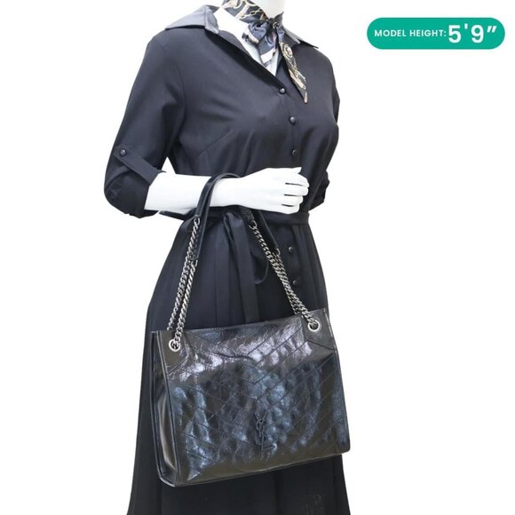 Yves Saint Laurent  Niki Medium Crinkled Leather Shopping Tote Bag Black - Picture 2 of 12